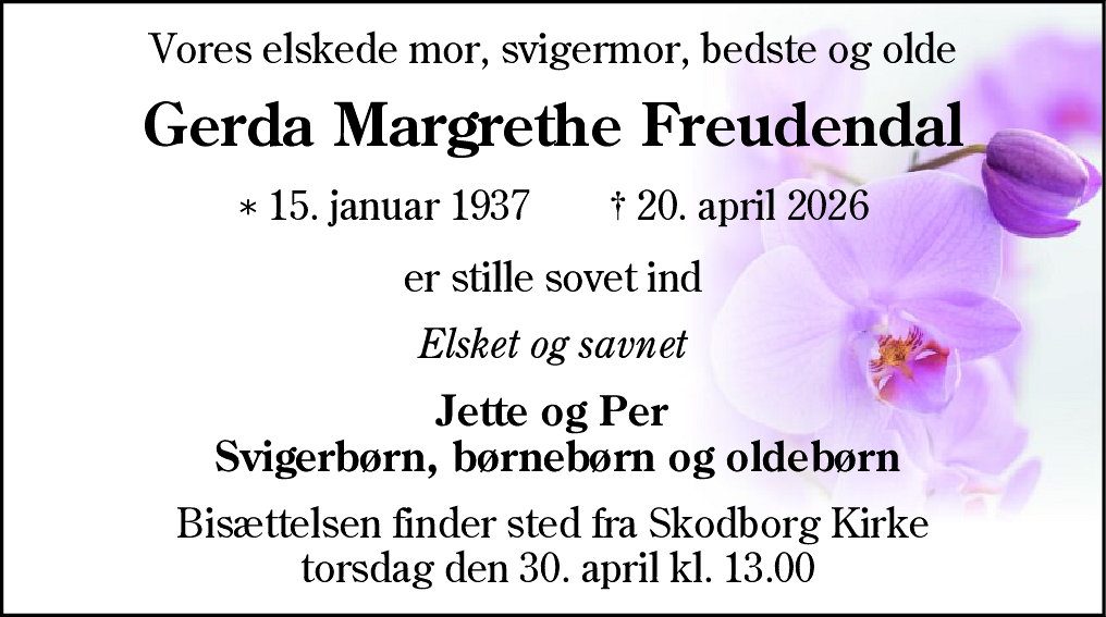 Dødsannonce for Gerda Margrethe Freudendal