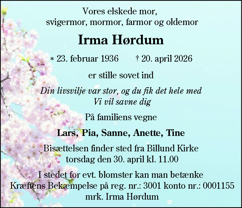 Dødsannonce for Irma Hørdum