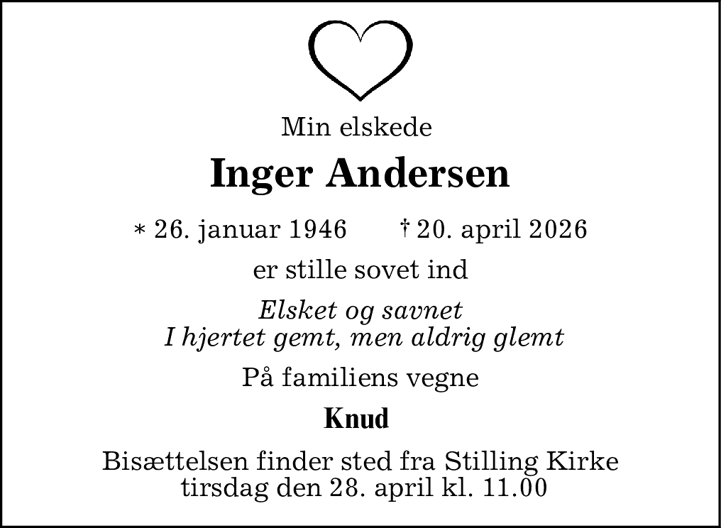 Dødsannonce for Inger Andersen