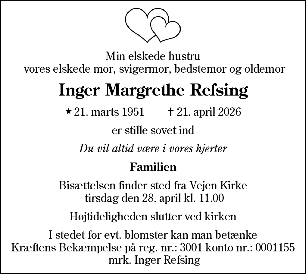 Dødsannonce for Inger Margrethe Refsing