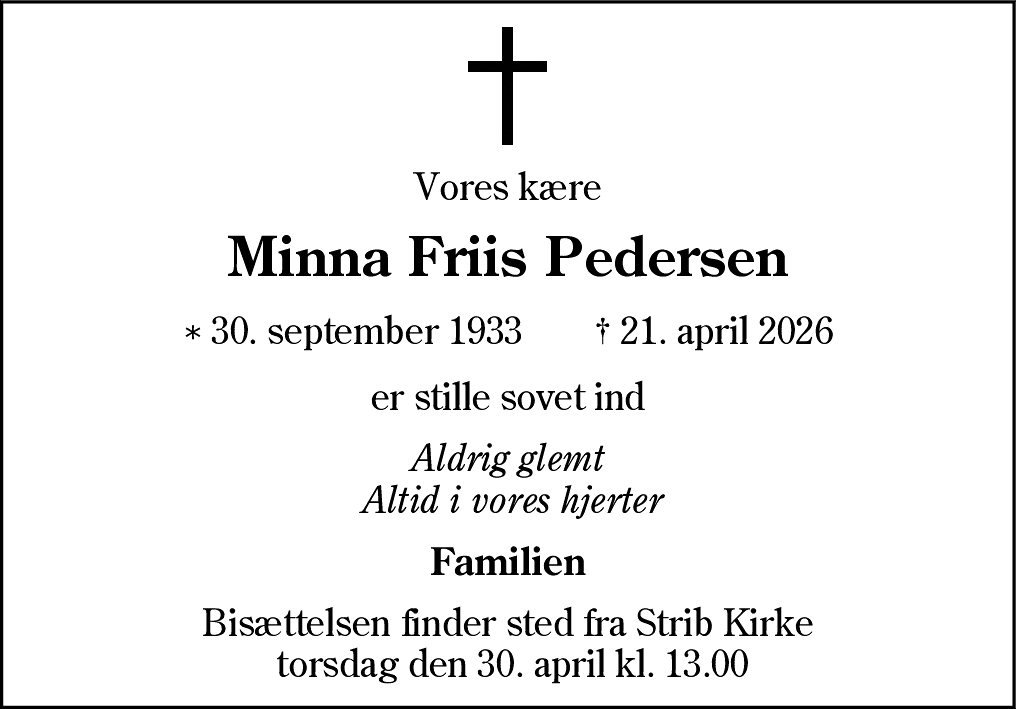 Dødsannonce for Minna Friis Pedersen