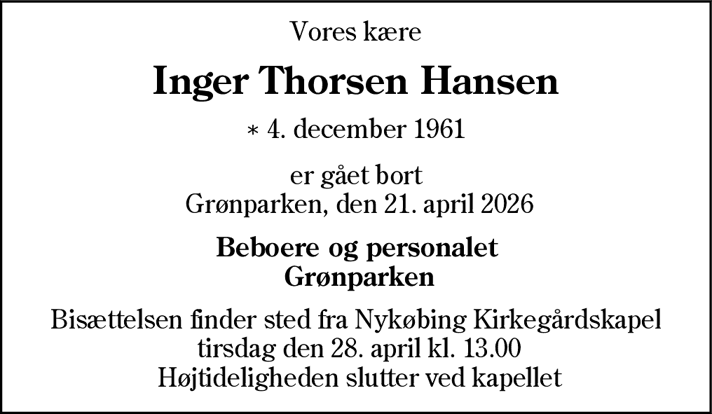 Dødsannonce for Inger Thorsen Hansen