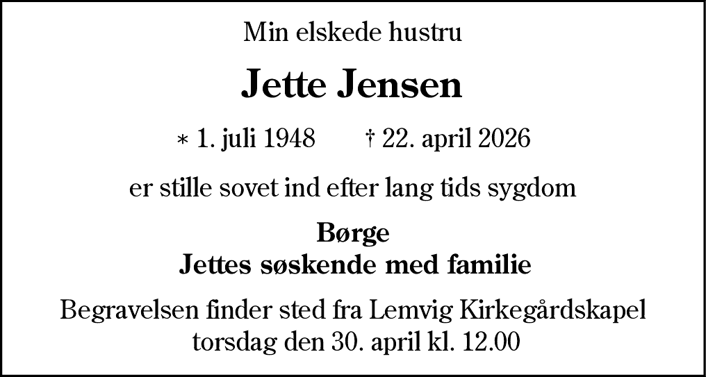 Dødsannonce for Jette Jensen