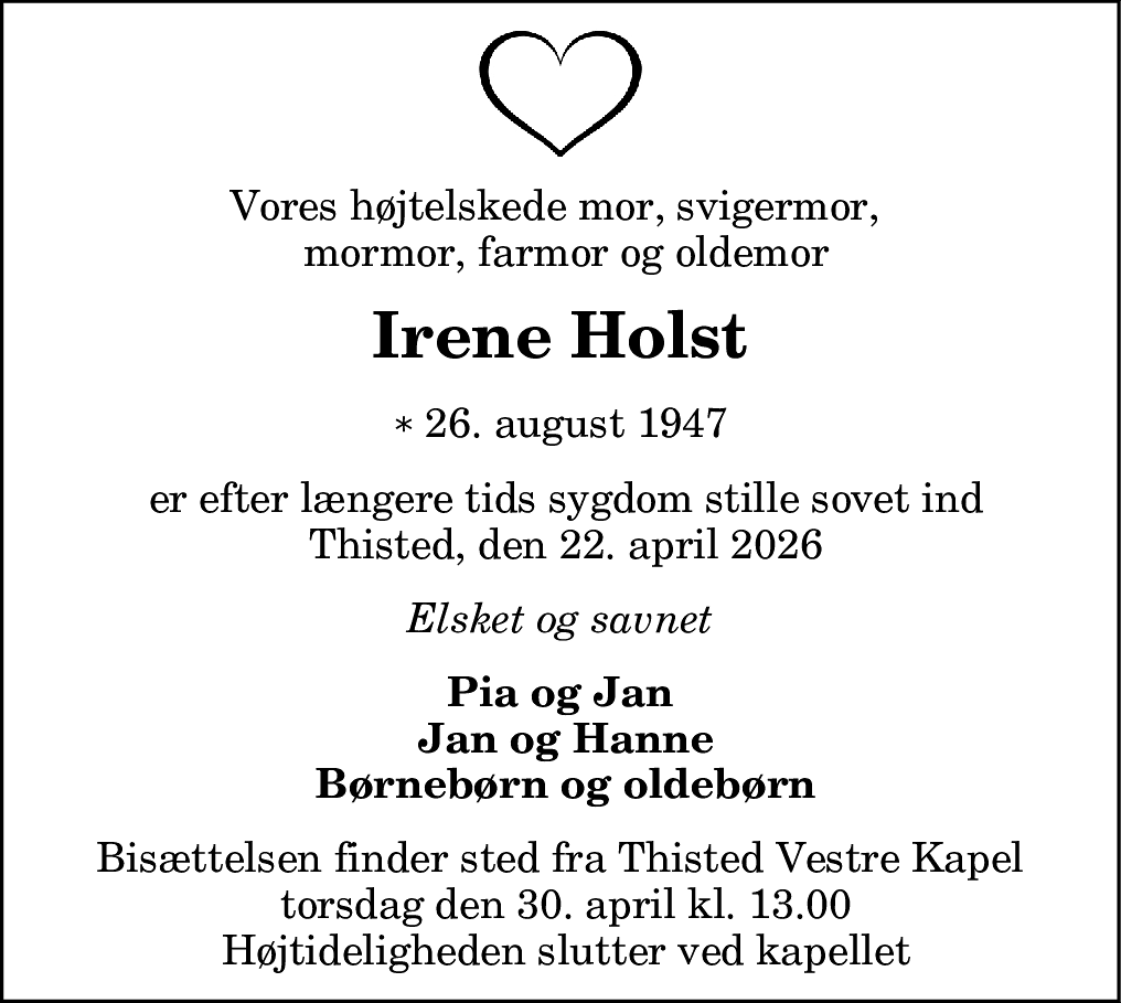Dødsannonce for Irene Marie Holst
