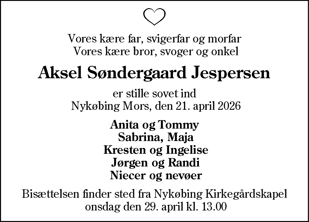 Dødsannonce for Aksel Søndergaard Jespersen