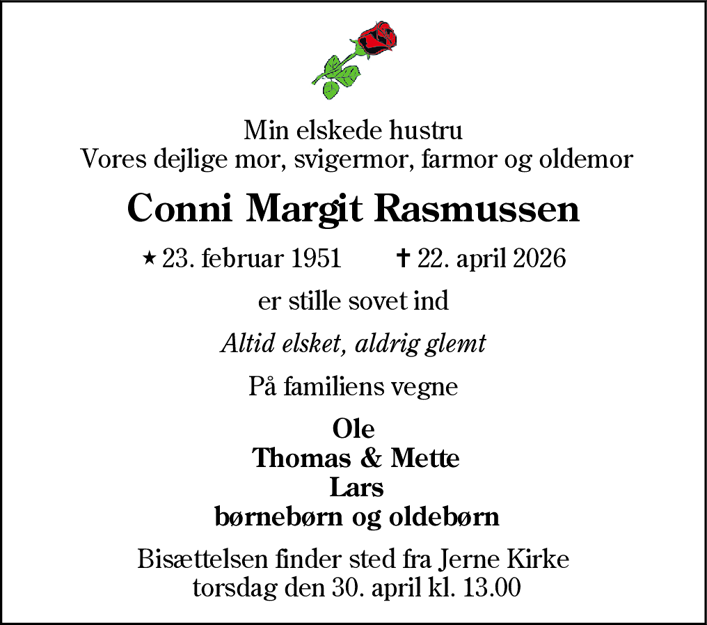 Dødsannonce for Conni Margit Rasmussen