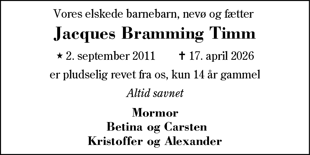 Dødsannonce for Jacques Bramming Timm