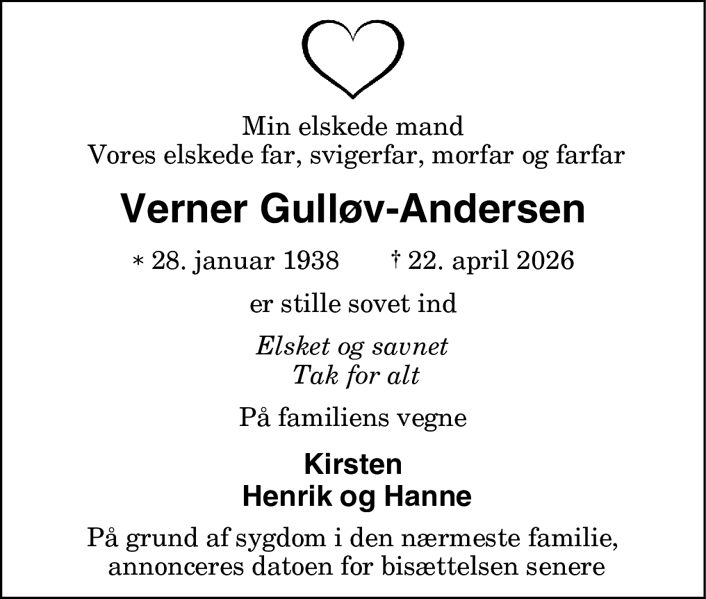 Dødsannonce for Verner Gulløv-Andersen