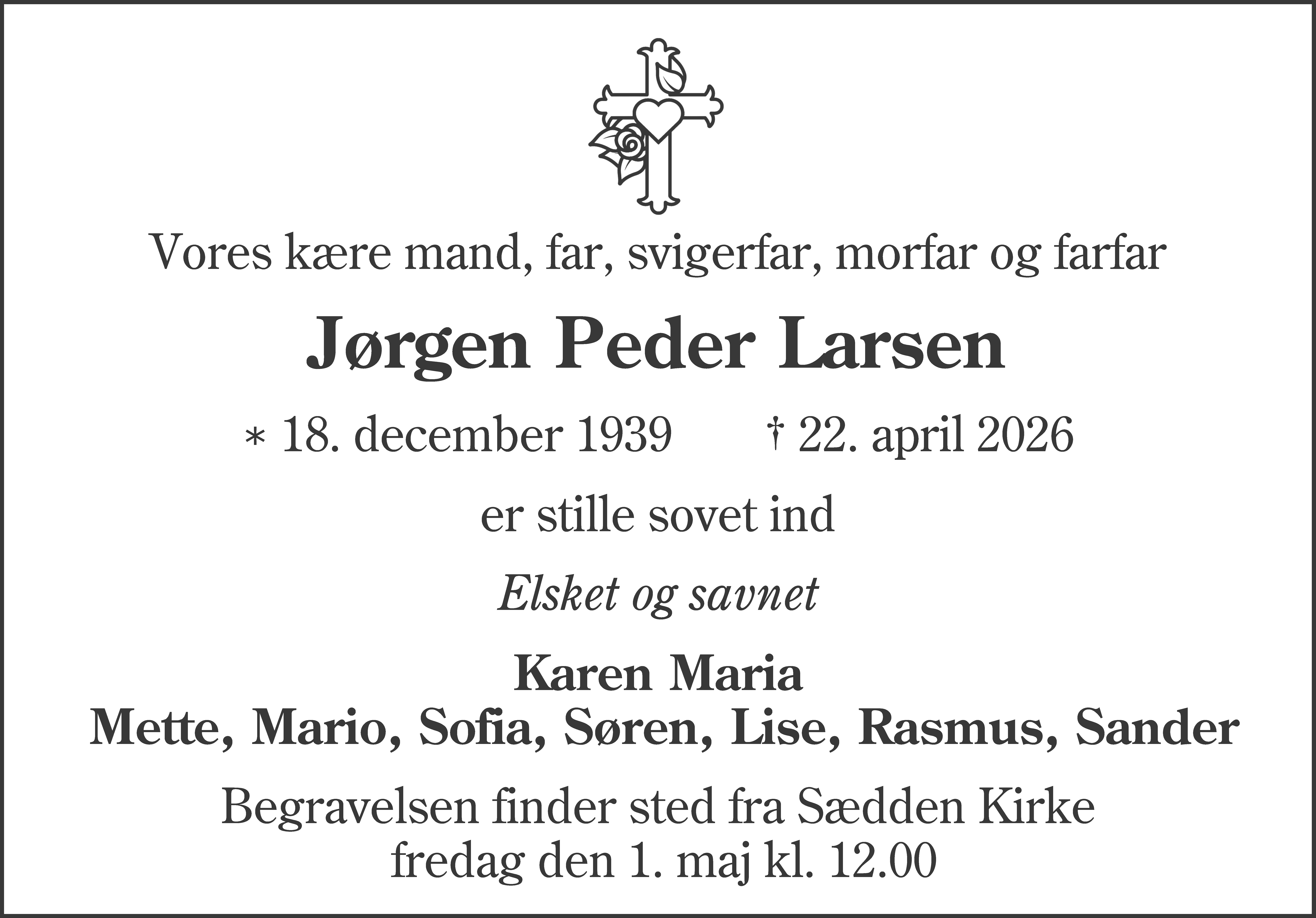 Dødsannonce for Jørgen Peder Larsen