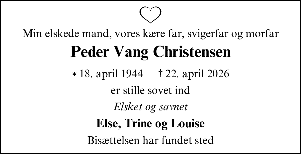 Dødsannonce for Peder Vang Christensen