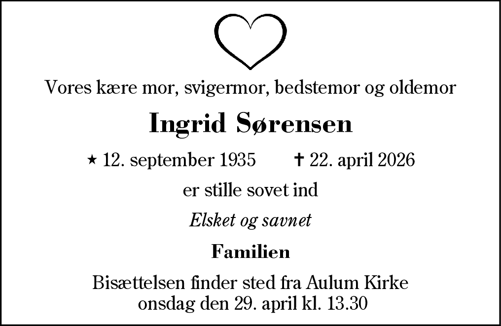 Dødsannonce for Ingrid Sørensen