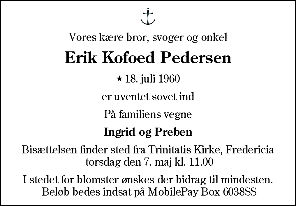 Dødsannonce for Erik Kofoed Pedersen