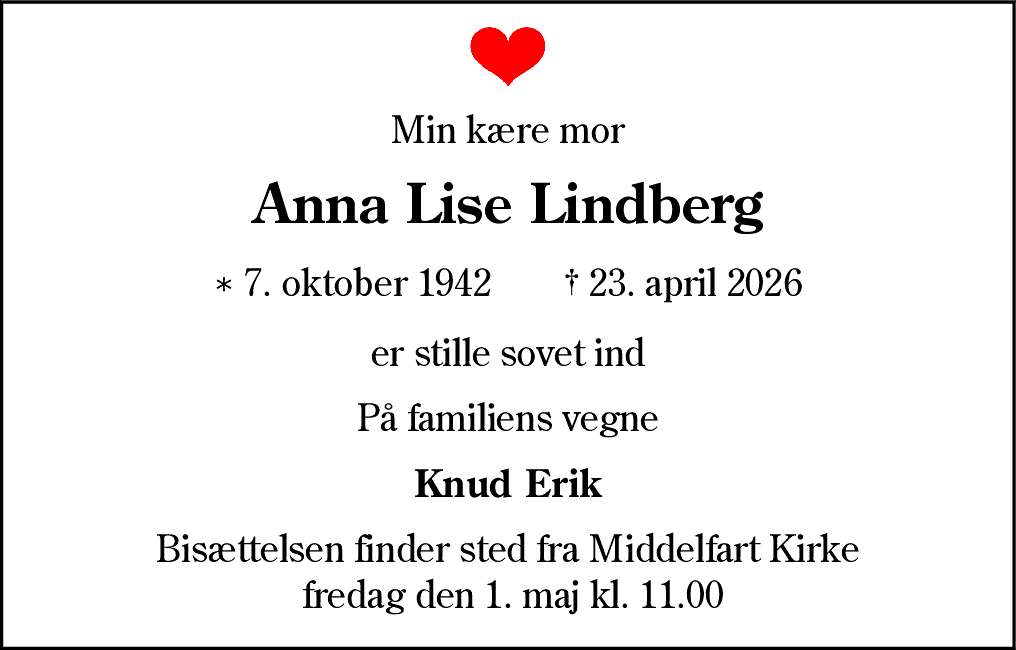 Dødsannonce for Anna Lise Lindberg