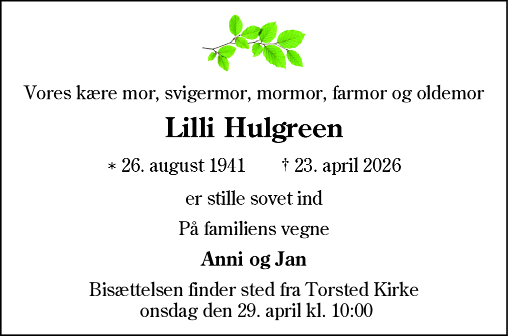 Dødsannonce for Lilli Hulgreen