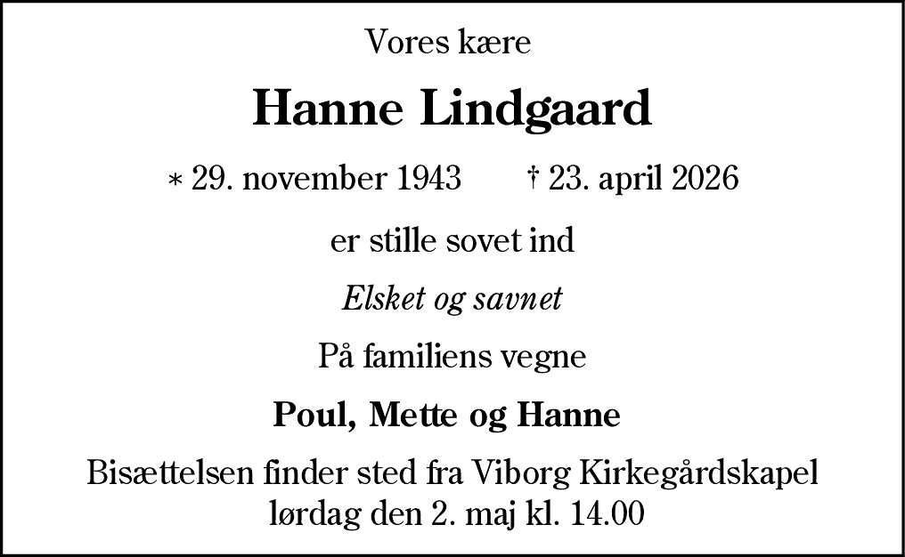 Dødsannonce for Hanne Lindgaard
