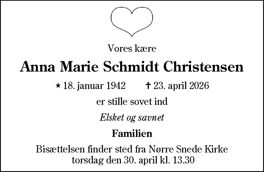 Dødsannonce for Anna Marie Schmidt Christensen