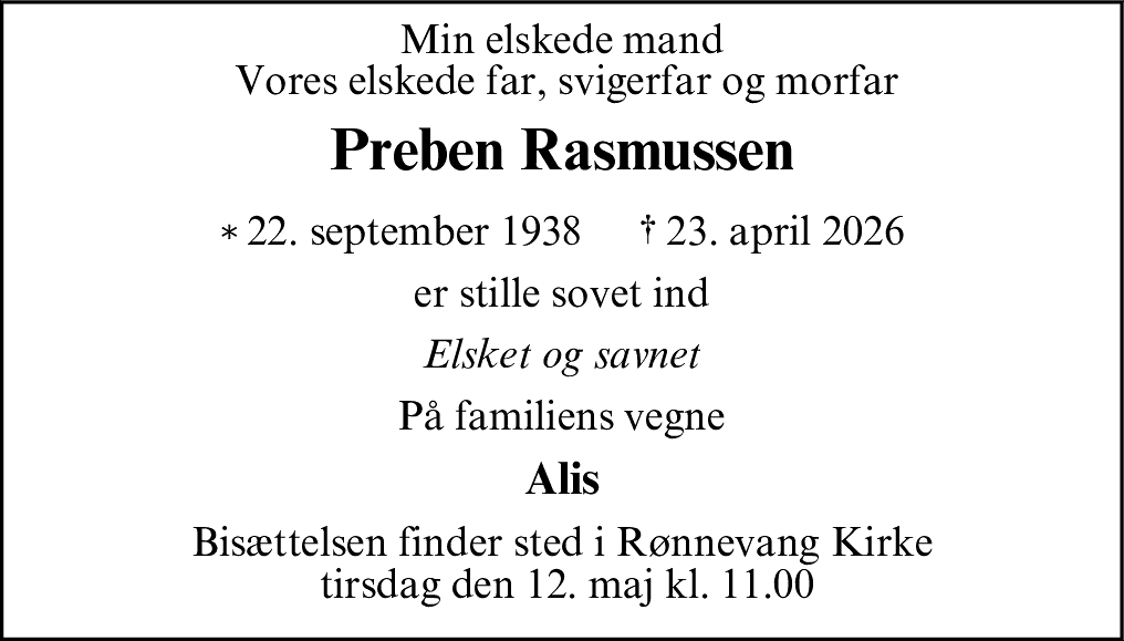 Dødsannonce for Preben Rasmussen