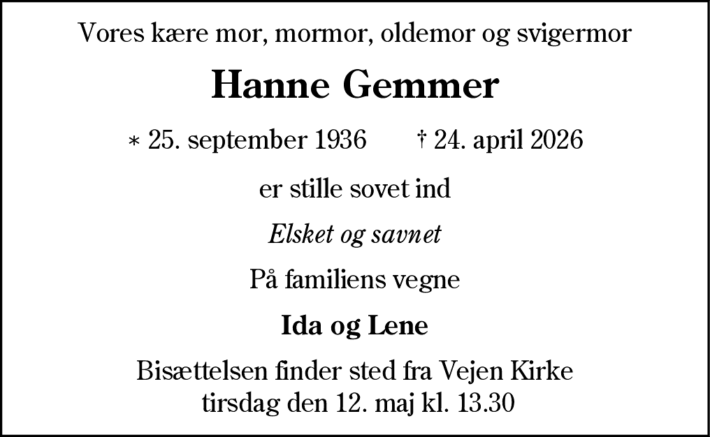 Dødsannonce for Hanne Gemmer