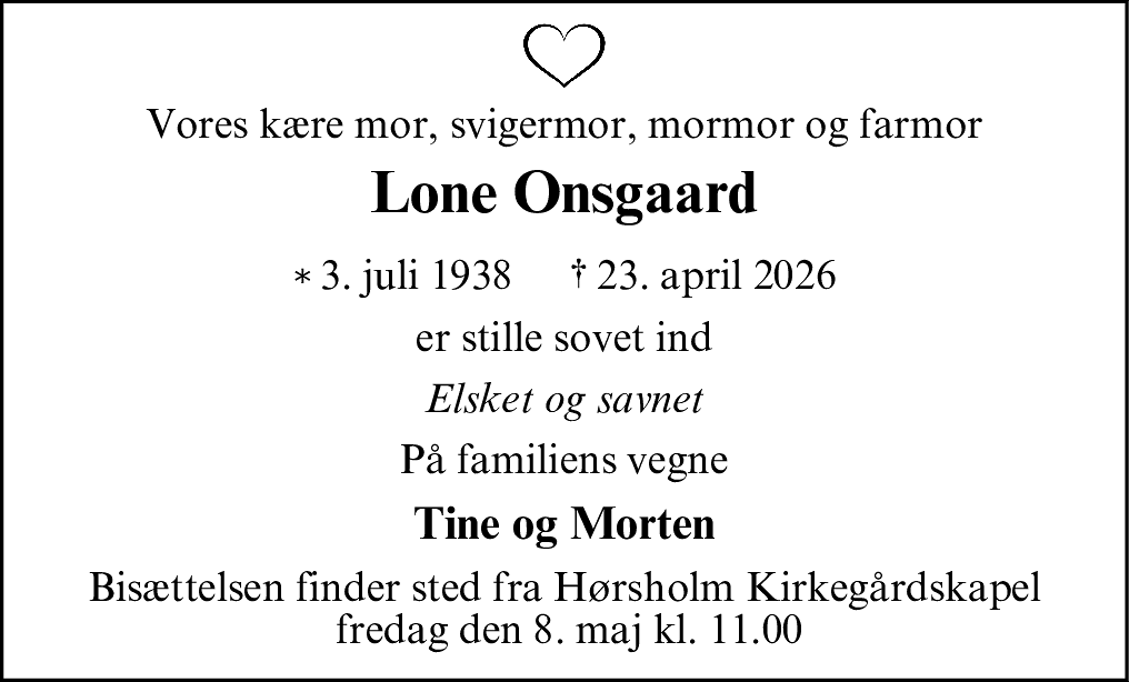 Dødsannonce for Lone Onsgaard