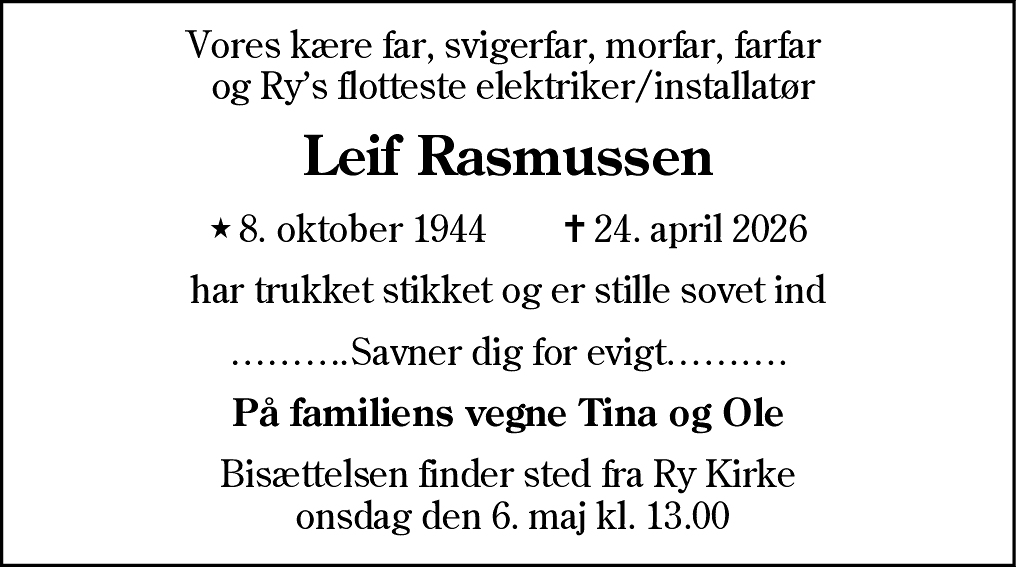 Dødsannonce for Leif Rasmussen