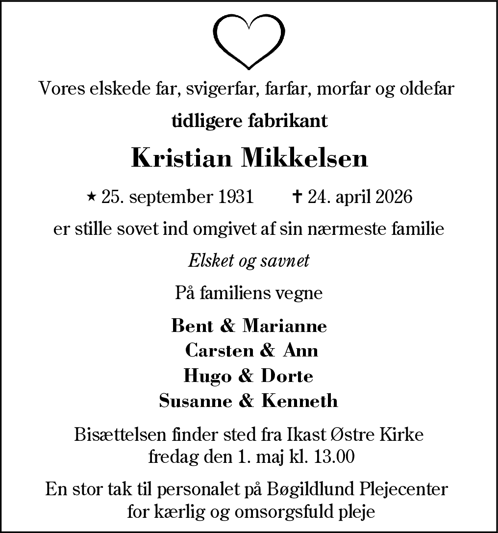 Dødsannonce for Kristian Mikkelsen
