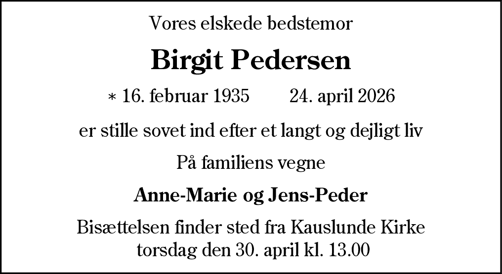Dødsannonce for Birgit Pedersen
