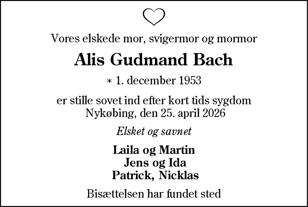 Dødsannonce for Alis Gudmand Bach