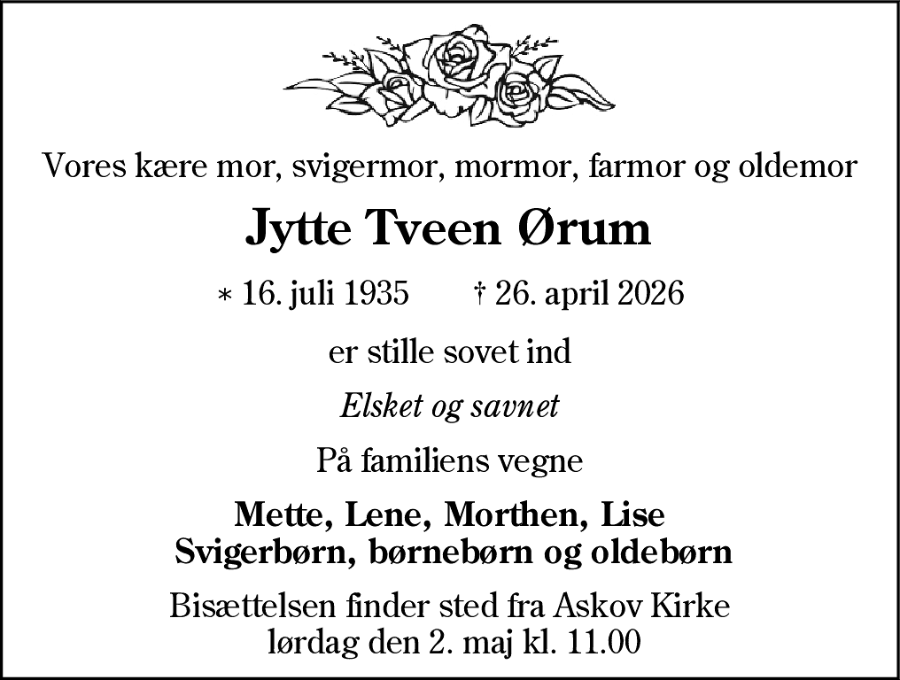 Dødsannonce for Jytte Tveen Ørum