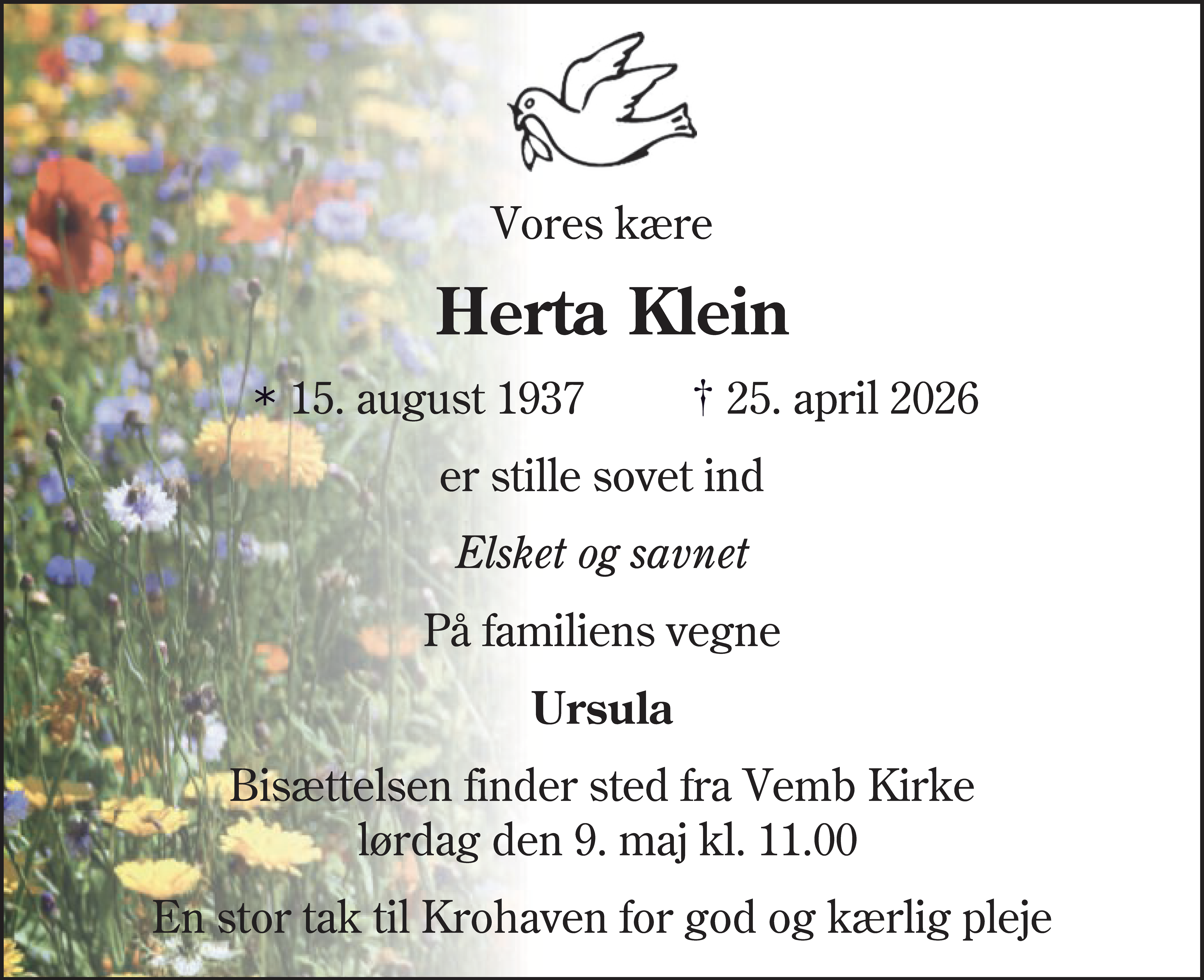 Dødsannonce for Anna Wilhelmine Herta Klein