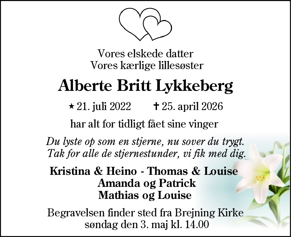 Dødsannonce for Alberte Britt Lykkeberg