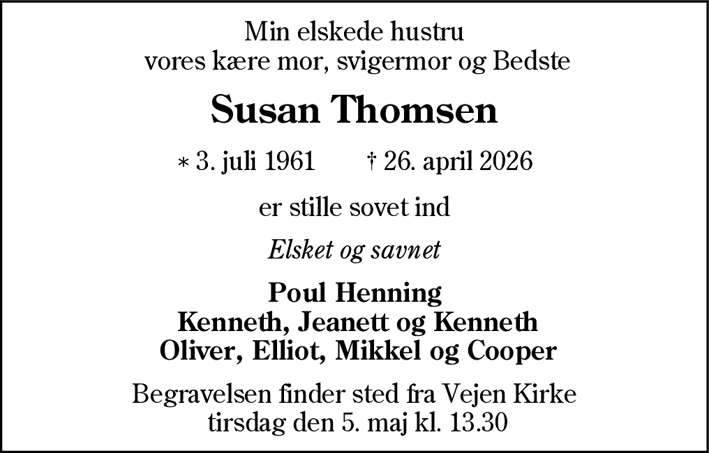 Dødsannonce for Susan Yvonne Thomsen