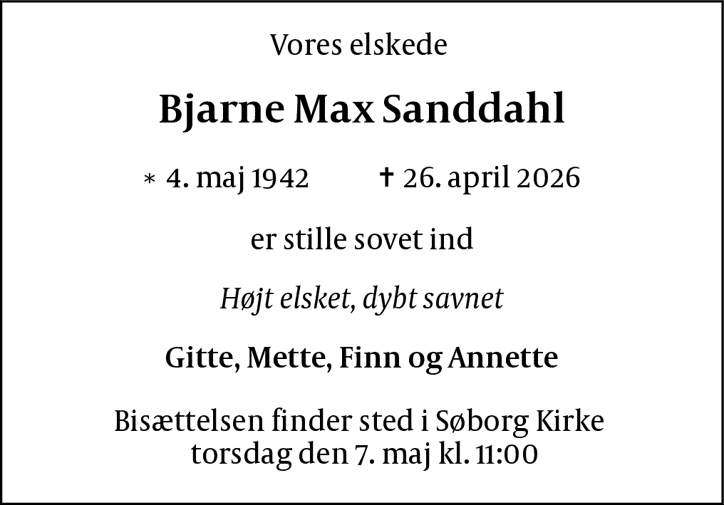 Dødsannonce for Bjarne Max Sanddahl