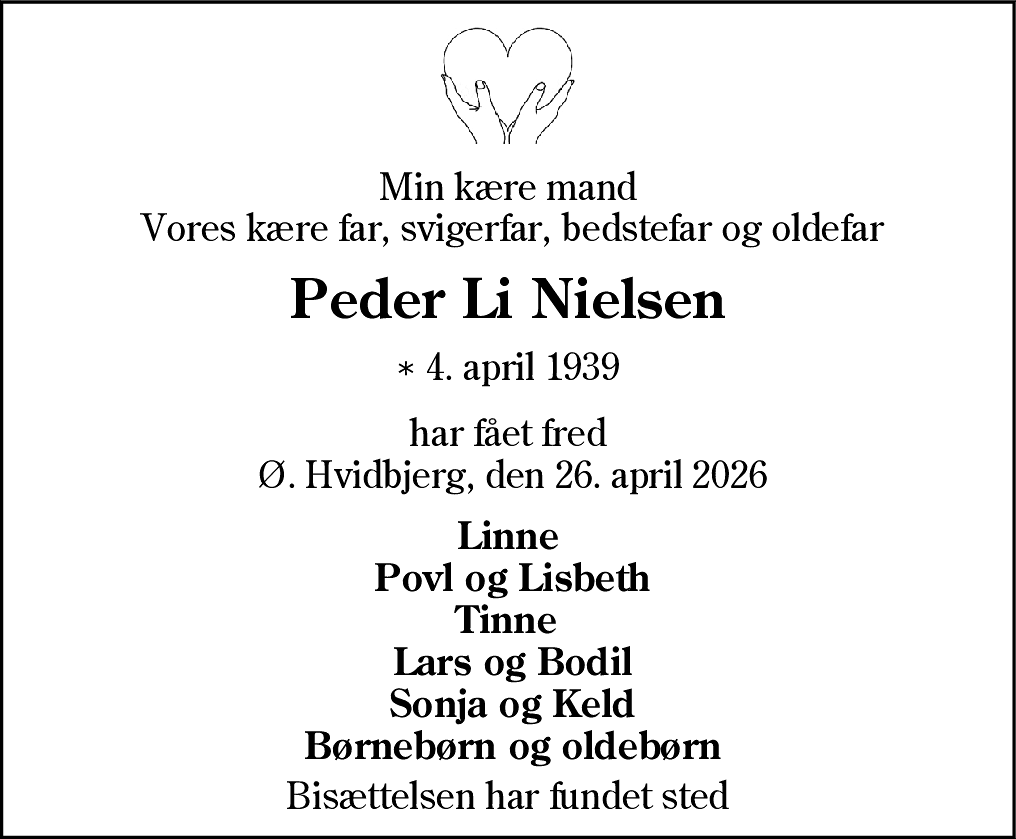 Dødsannonce for Peder Villadsen Li Nielsen
