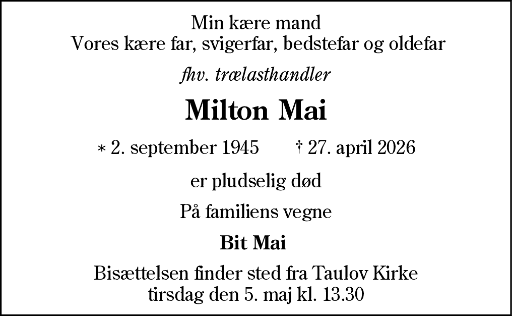 Dødsannonce for Milton Mai