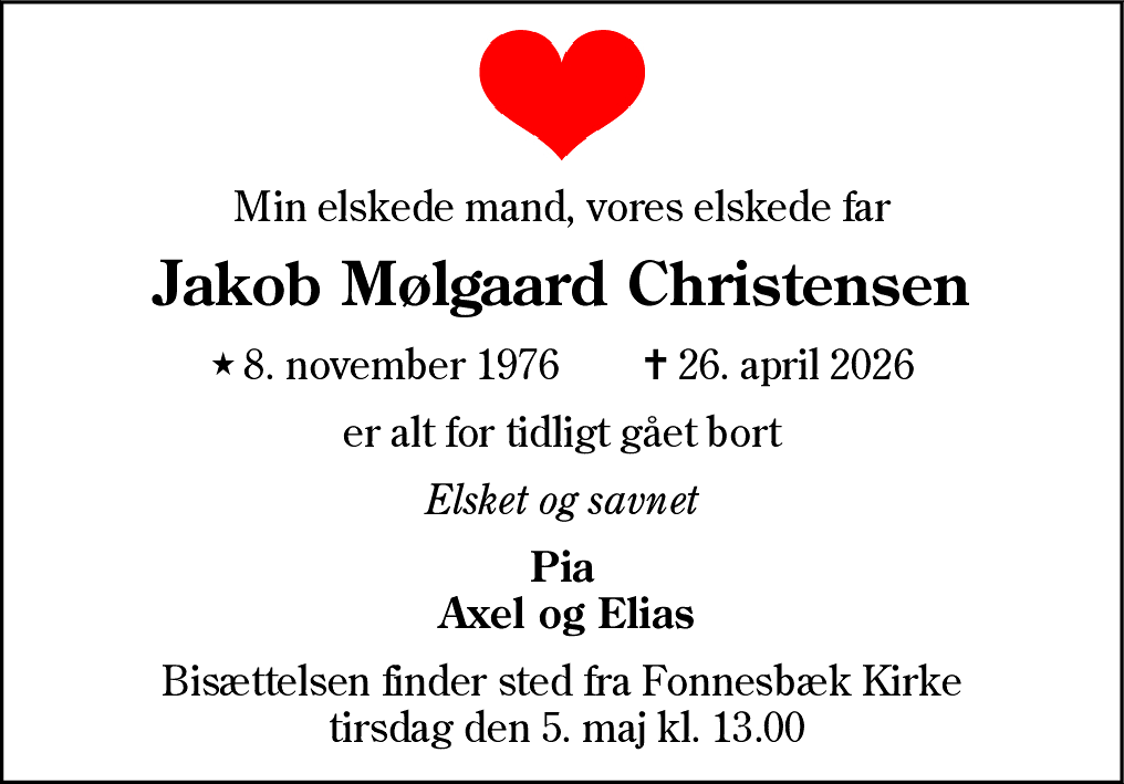 Dødsannonce for Jakob Mølgaard Christensen
