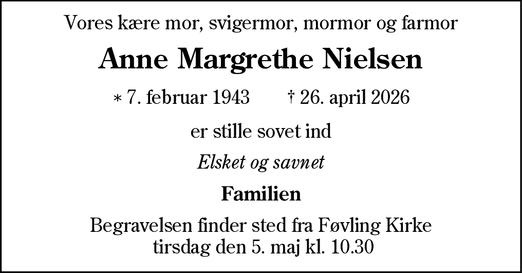 Dødsannonce for Anne Margrethe Nielsen