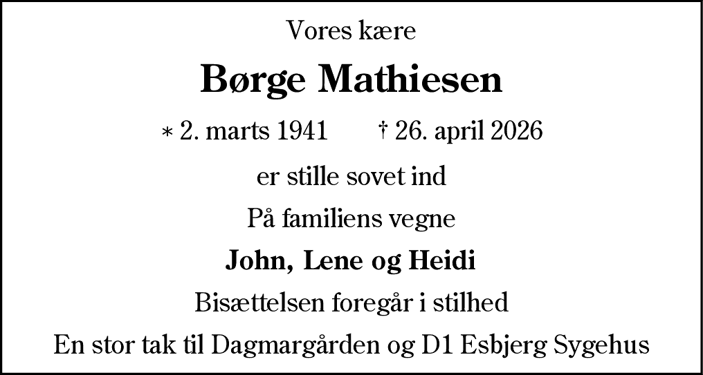 Dødsannonce for Børge Mathiesen
