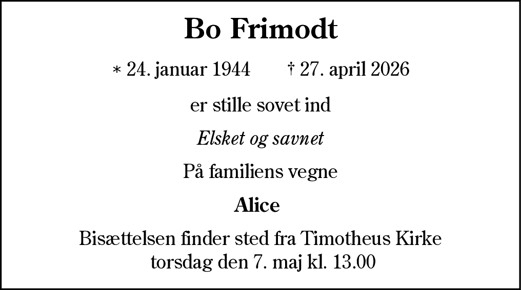 Dødsannonce for Bo Frimodt