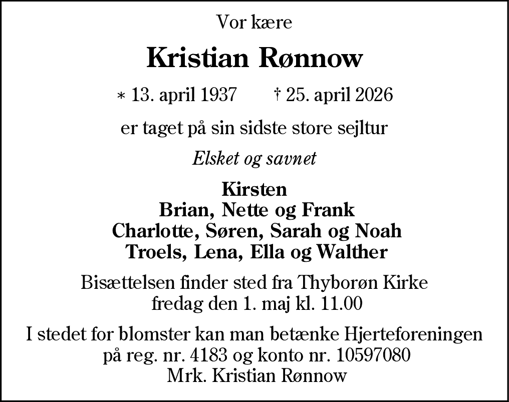 Dødsannonce for Kristian Rønnow