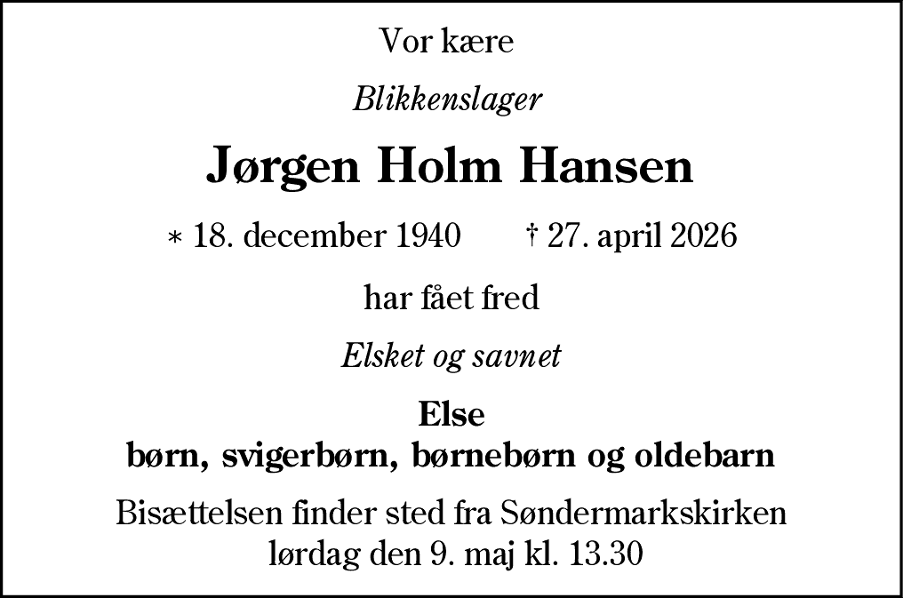 Dødsannonce for Jørgen Holm Hansen