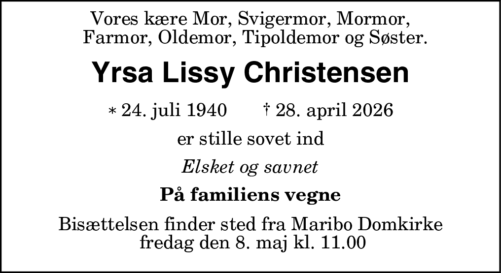 Dødsannonce for Yrsa Lissy Christensen