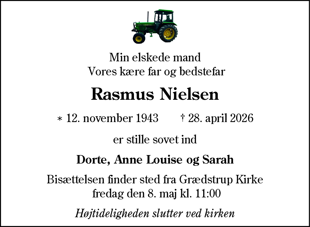 Dødsannonce for Rasmus Nielsen