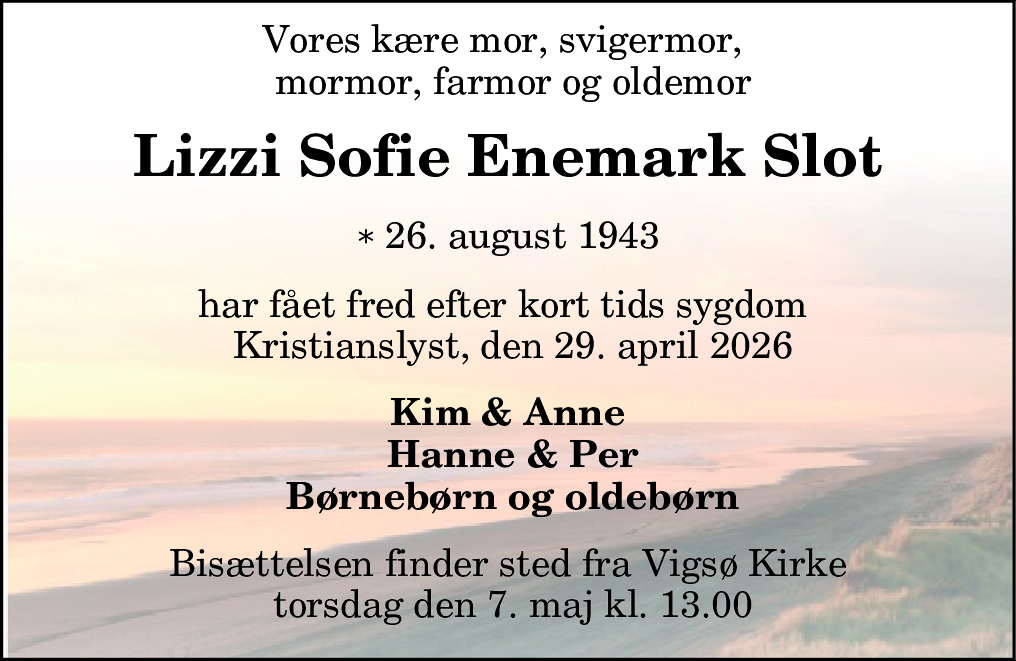 Dødsannonce for Lizzi Sofie Enemark Slot