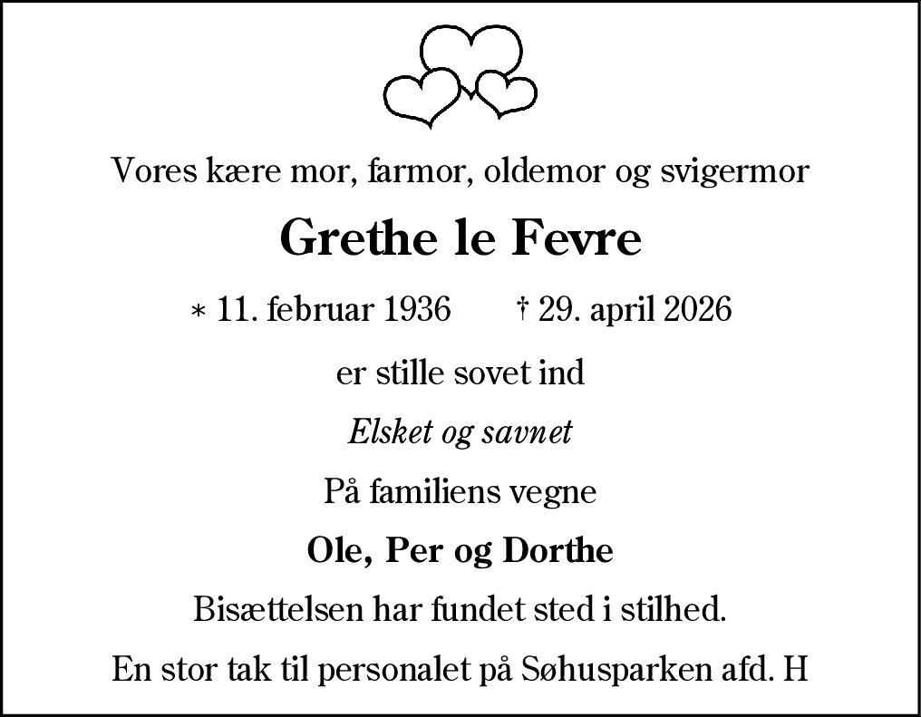 Dødsannonce for Grethe le Fevre