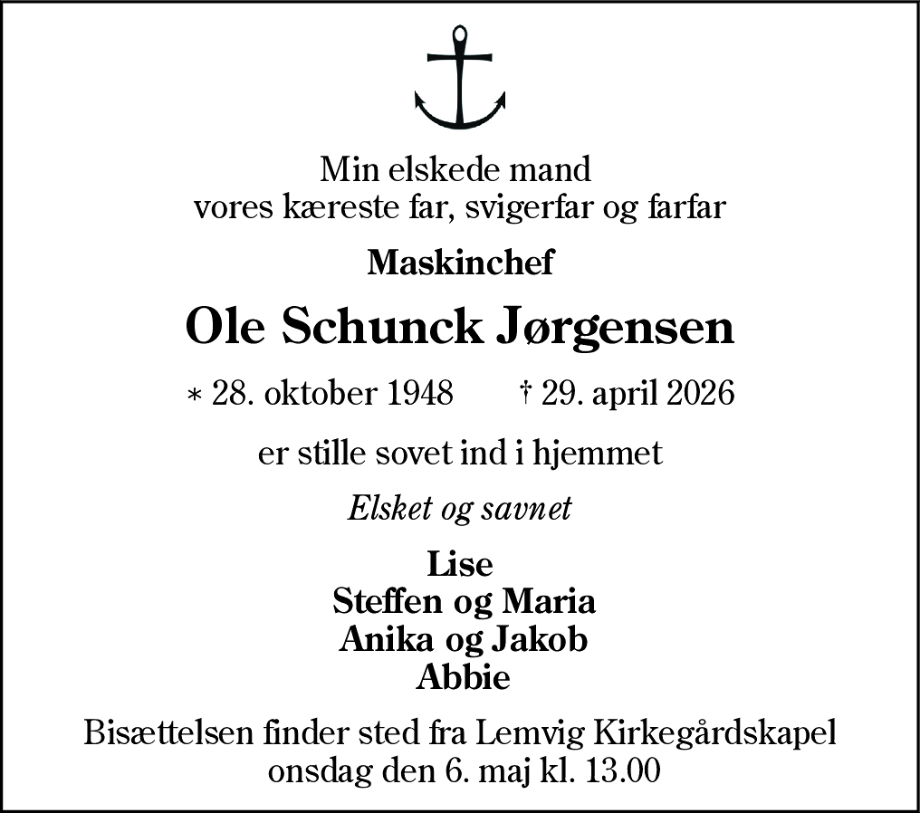 Dødsannonce for Ole Schunck Jørgensen