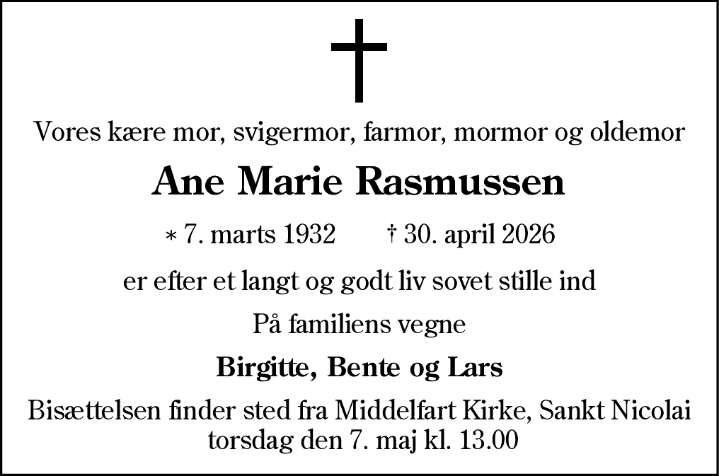 Dødsannonce for Ane Marie Rasmussen