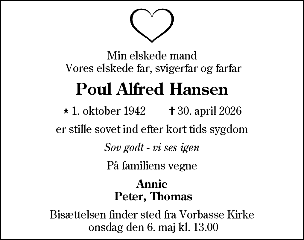 Dødsannonce for Poul Alfred Hansen