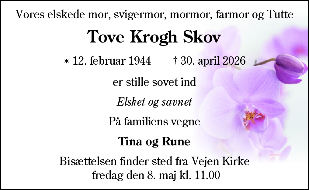 Dødsannonce for Tove Krogh Skov