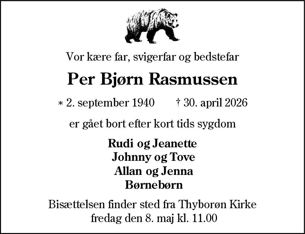 Dødsannonce for Per Bjørn Rasmussen
