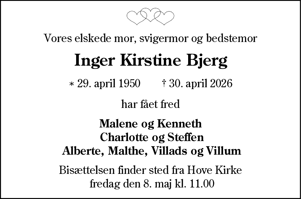 Dødsannonce for Inger Kirstine Bjerg
